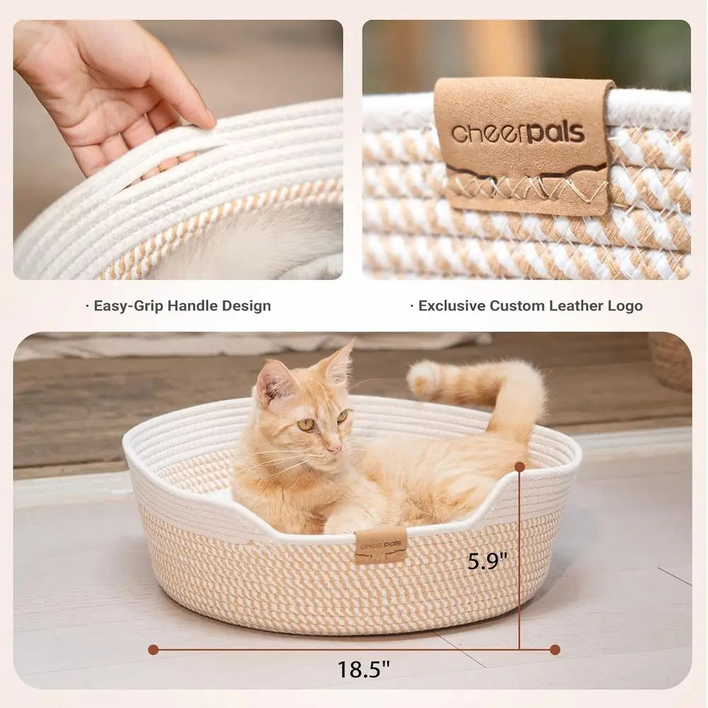 Cat Bed Basket with Cushion, Cotton Rope Woven Pet Bed, Indoor Cats Couch, Stimulicat Handwoven Breathable, All Season (White)