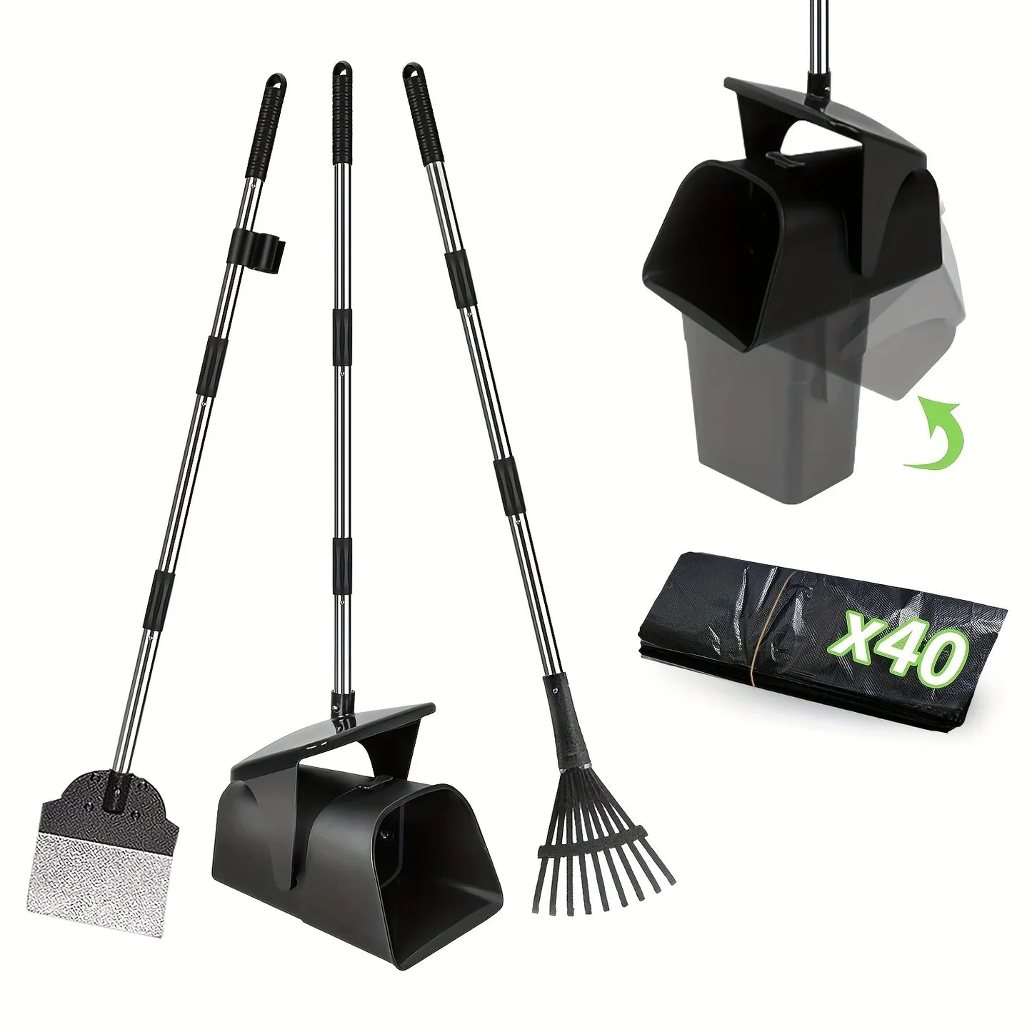 2/3pcs Heavy Duty Dog Pooper Scooper with 40 Bags, Long Handle Swivel Bin & Rake Spade for Large Dogs, Pet Waste Removal Tool for Yard, Grass & Gravel, Without Battery
