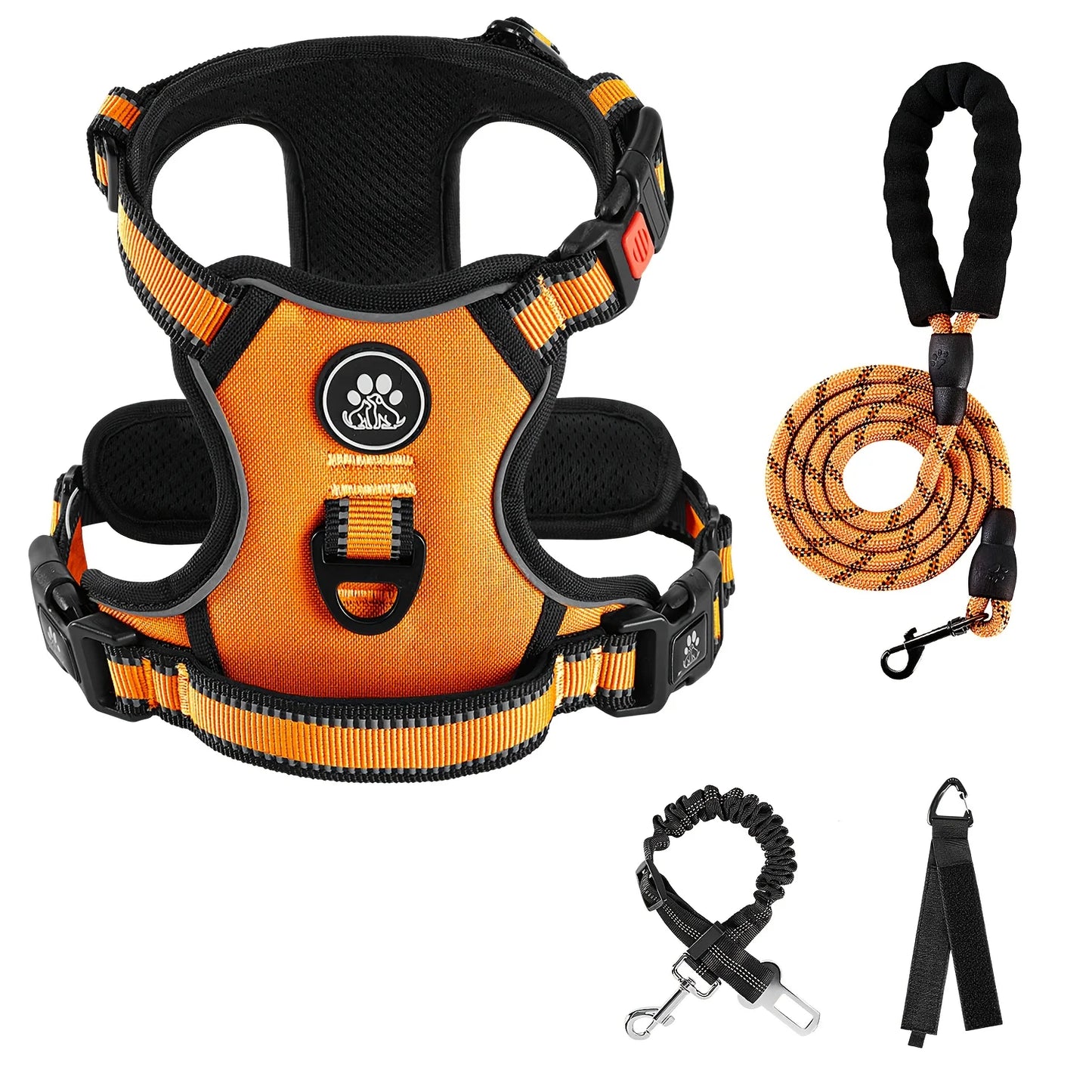 No Pull Dog Harness, Dog Collar, 1 Professional Dog Leash & 1 Retractable Seatbelt & 1 Storage Strap Fully Reflective Adjustable Breathable Dog Harness with Handle, Collar De Perro, No Choke Pet Vest Harness for Small And Lar