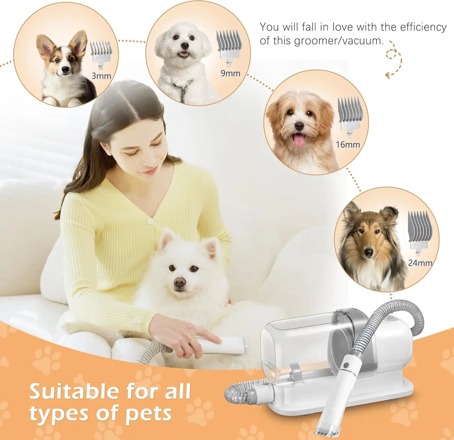 Pet Grooming Vacuum Kit with 2.3L Dust Cup, Low Noise, 5 Tools for Dog Cat Hair Shedding