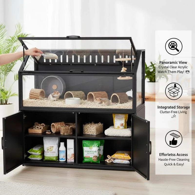 Hamster Cage with Storage Cabinet, Small Animal Cage with Easy View Acrylic Panels and Openable Top, Guinea Pig Habitat
