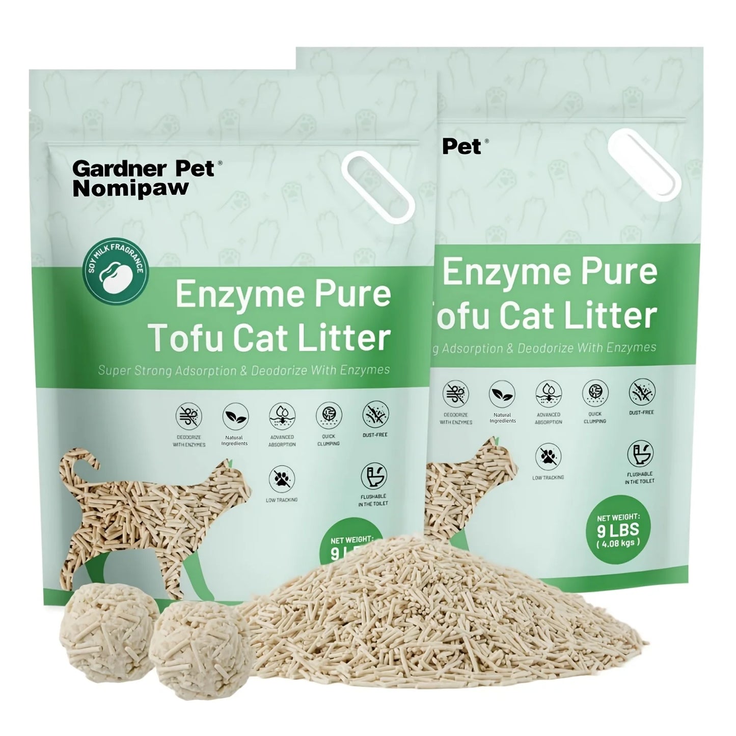 Nomipaw Enzyme Tofu Cat Litter Clumping, Flushable, Ultra Absorbent And Fast Drying, Plant-Based Natural, Solubility In Water, Really Dust-Free, Less Scattering, 9lb Per Bag, 1 Pack/ 2 Packs