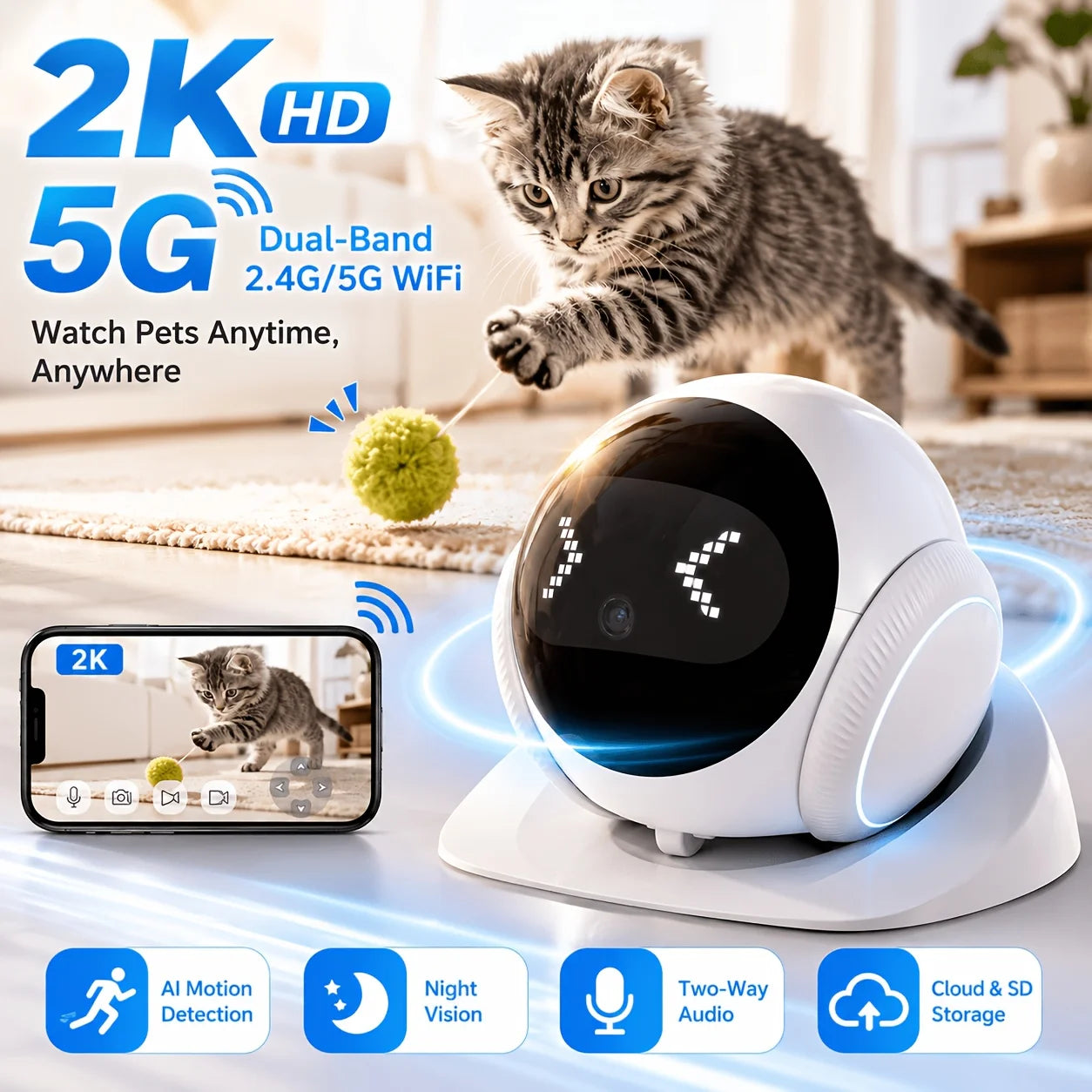 2KHD Robot Pet Camera With Dual Band WiFi AI NightVision