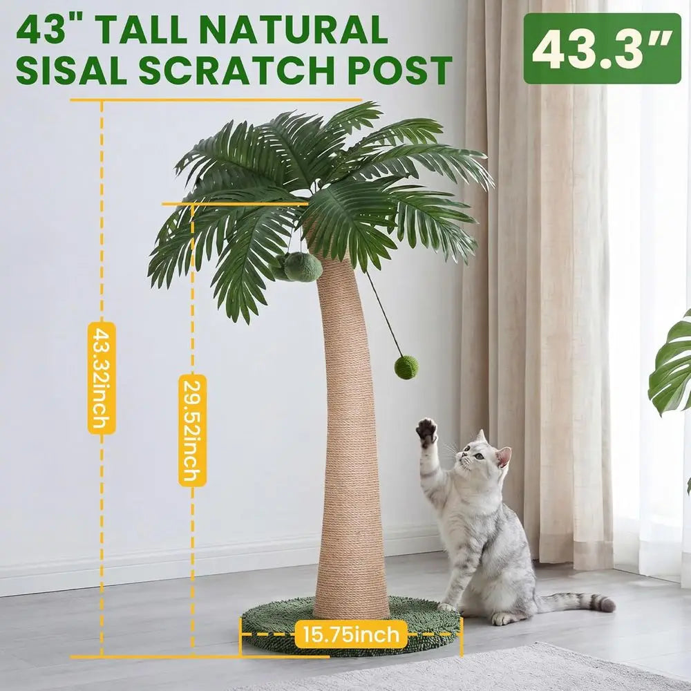 43 Inch Tall Cat Scratching Post, Indoor Large Cats, Natural Sisal Scratch Post with Hanging Toys, Stable Base Cat Scratcher for