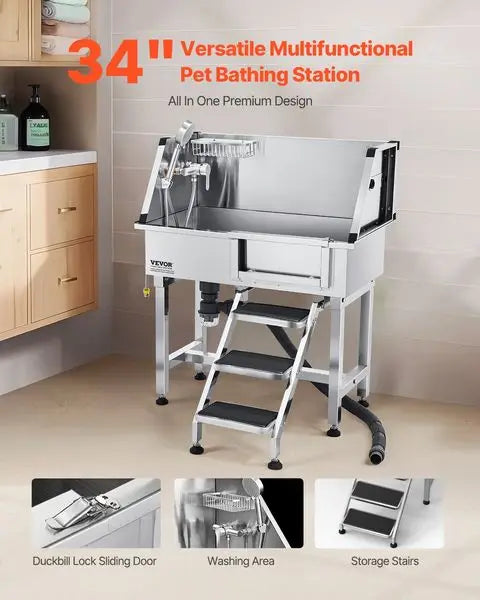 34' Dog Grooming Bath Tub StainlSteel w Stairs Faucet Showerhead