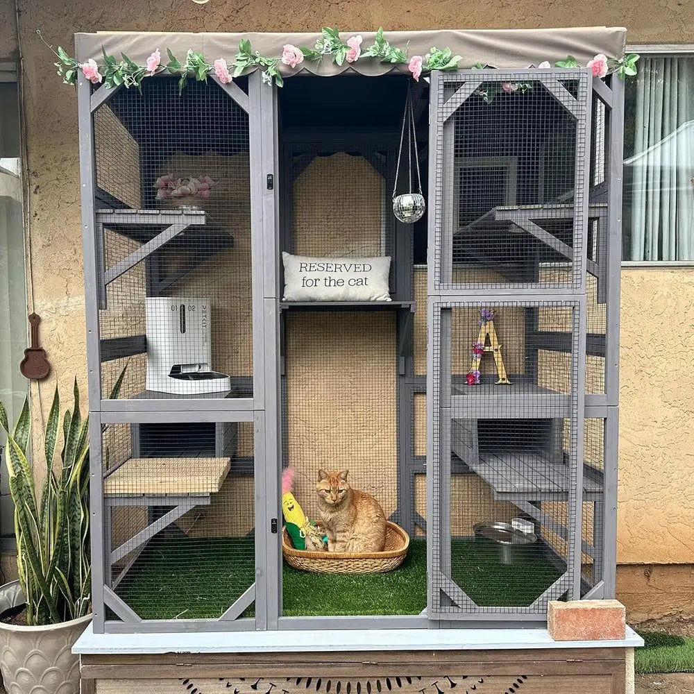 5-Level Walk-in Cat House | Outdoor Enclosure with Window, Reinforced, Waterproof Cover, Multiple Climbing Platforms