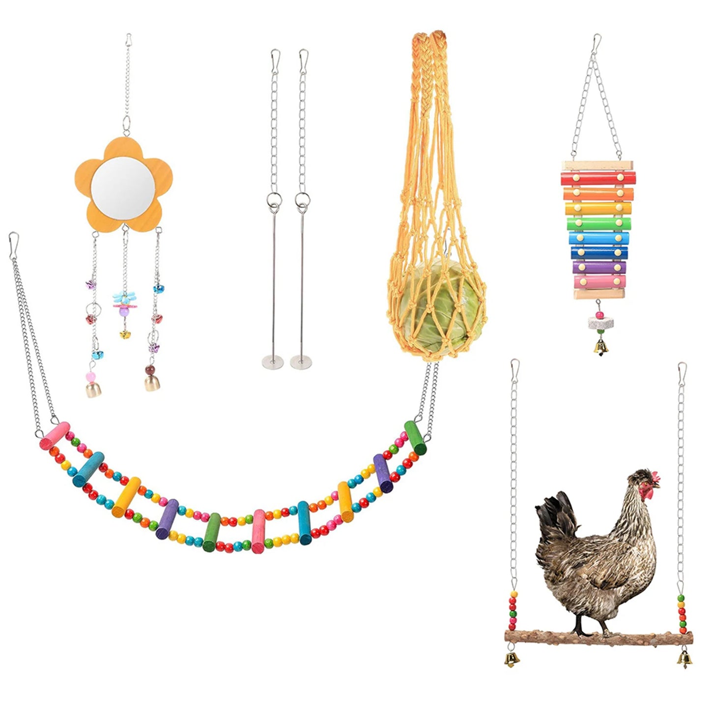 7PCS Chewing Foraging Toy with Wooden Hanging Feeder Chewing Training Toy for Budgerigar Parakeet Conure Cockatiel Mynah