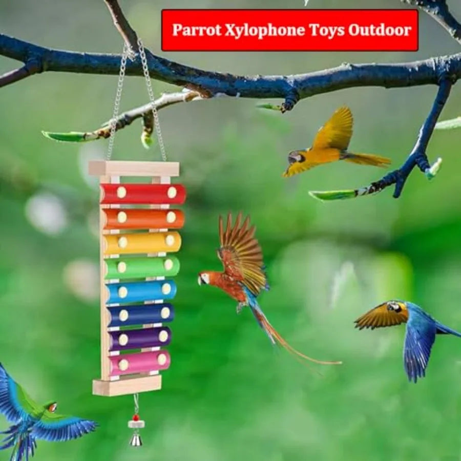 Large Parrot Suspensible Xylophone Toy, Multicolored Natural Wooden Bird Chewing Toys with Grinding Stone for Large, Medium Bir
