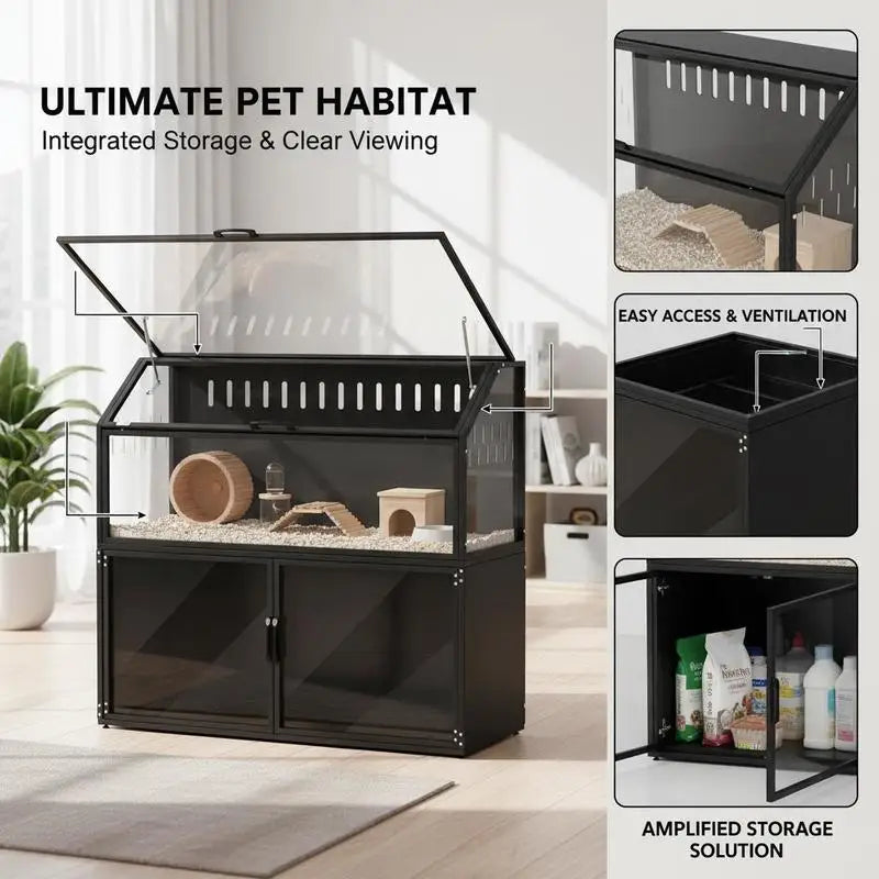 Hamster Cage with Storage Cabinet, Small Animal Cage with Easy View Acrylic Panels and Openable Top, Guinea Pig Habitat