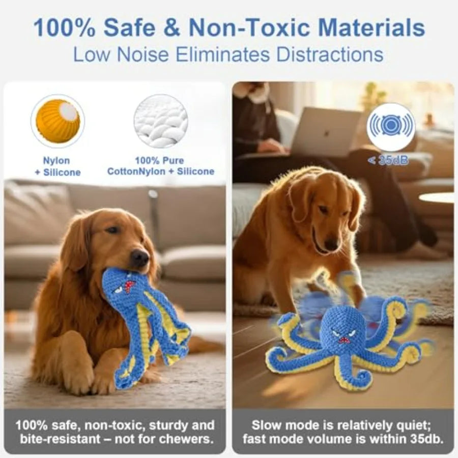 Interactive Dog Toys Octopus, Durable Automatic Jumping Dog Toy to Keep Them Busy, Squeaky Moving Tug of War Doggie Toy, USB Re