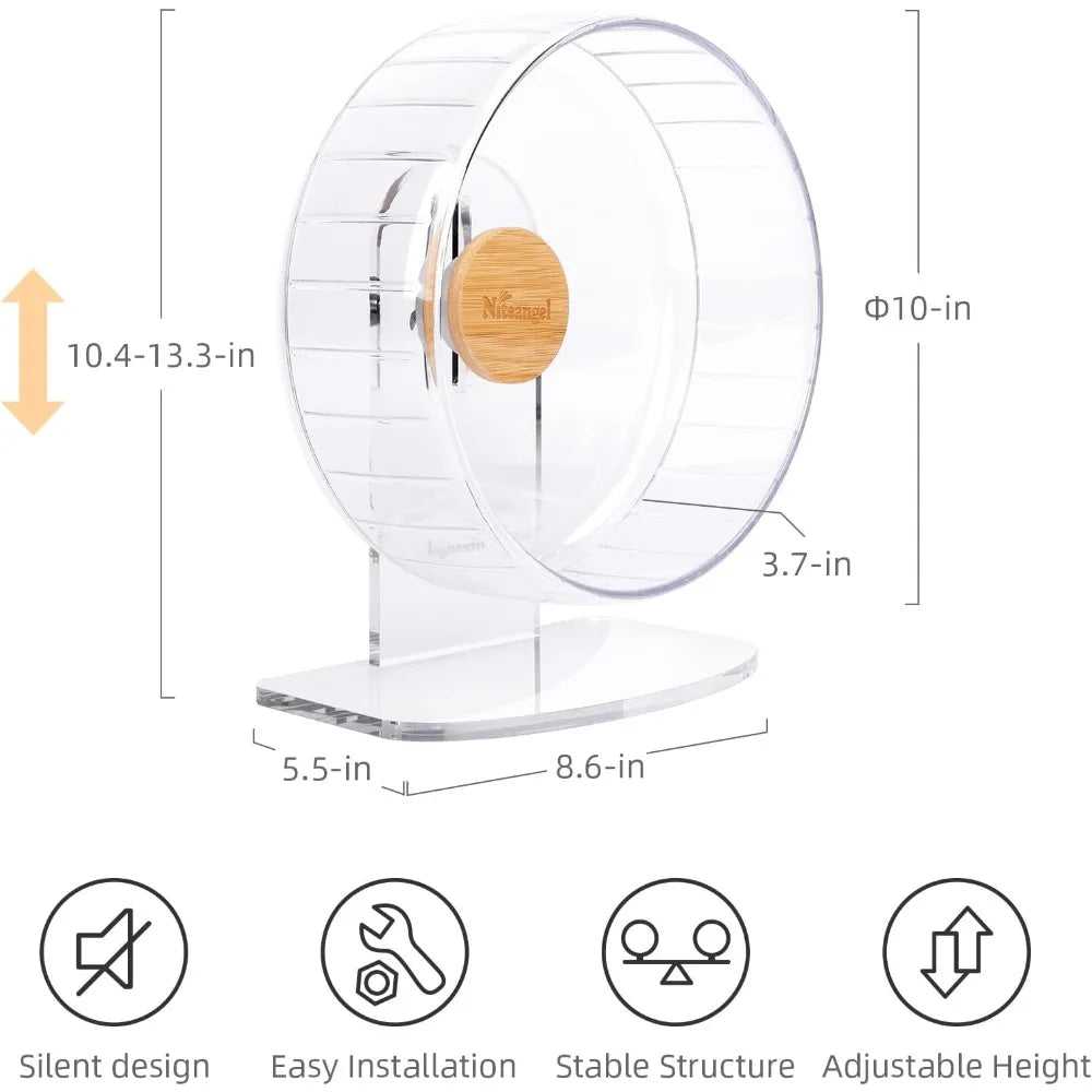 Super Silent 10" Hamster Wheel – Adjustable Quiet Running Wheel for Hamsters, Gerbils & Mice (Transparent)
