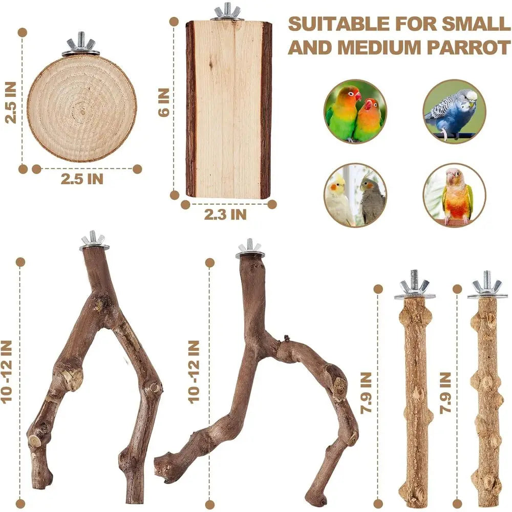 Natural Wood Bird Perch Set With Grape Sticks For Parakeets