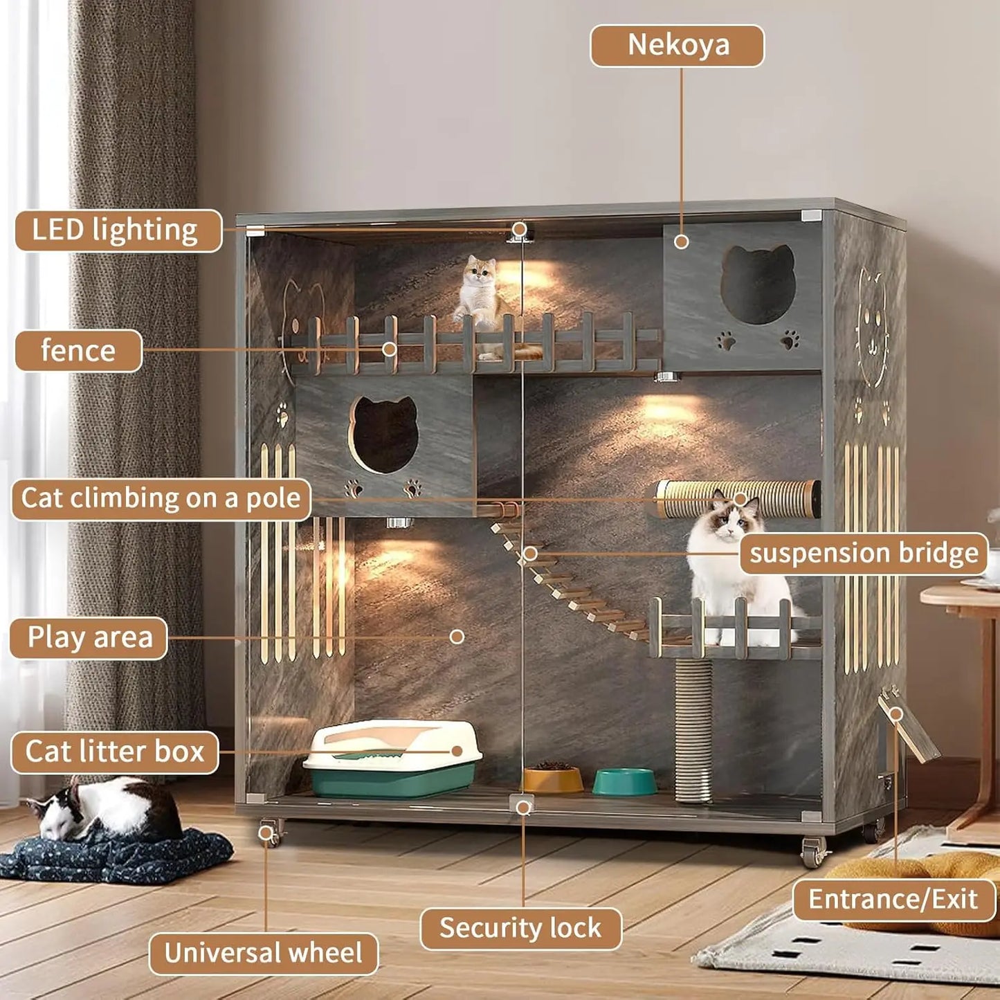 Large Wooden Cat Condo House with Scratching Post Indoor Outdoor Enclosure Glass Doors 50x48x24, Customized