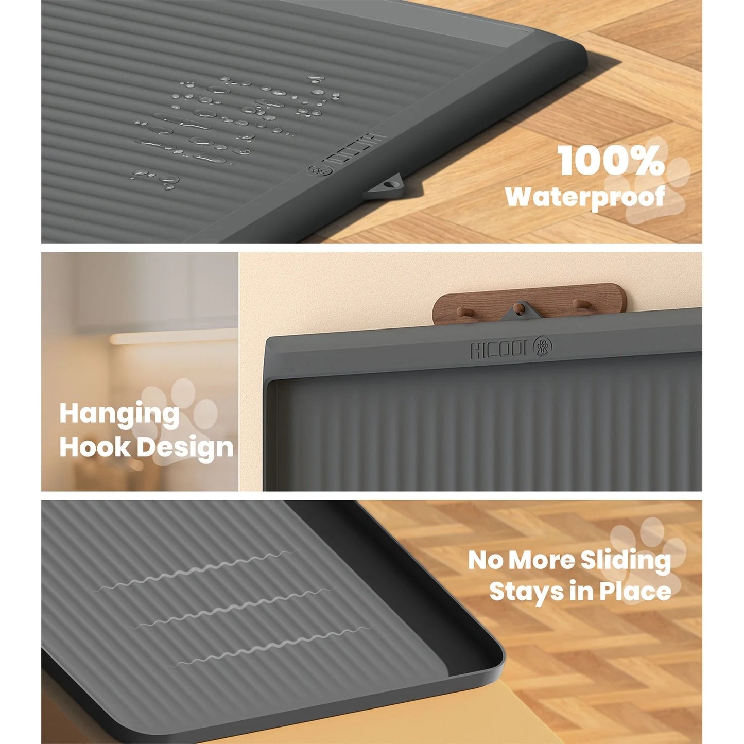 Dog for food Mat 36"x24", Waterproof Pet Feeding Mat With Diversion Grooves And Raised Edges, Large Non-Slip Dog Bowl Mat For Food And Water, Cat for food Mat For Floors, Easy To Clean, Grey