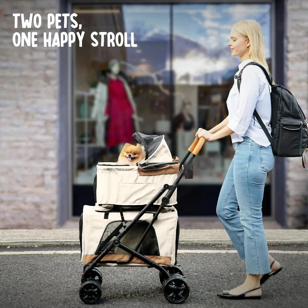 Ticify Double Pet Stroller With Detachable Carriers For Two Pets