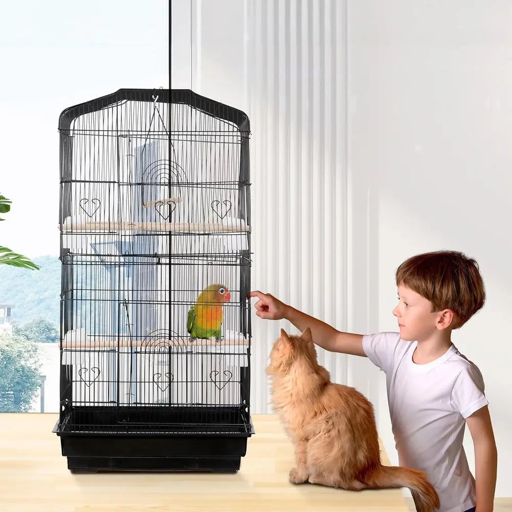 63.4 Inch Rolling Wrought Iron Parrot Cage with Side-out Tray, Storage Shelf, Pet Bird House for Parrot, Cockatiel, Cockatoo, Pa