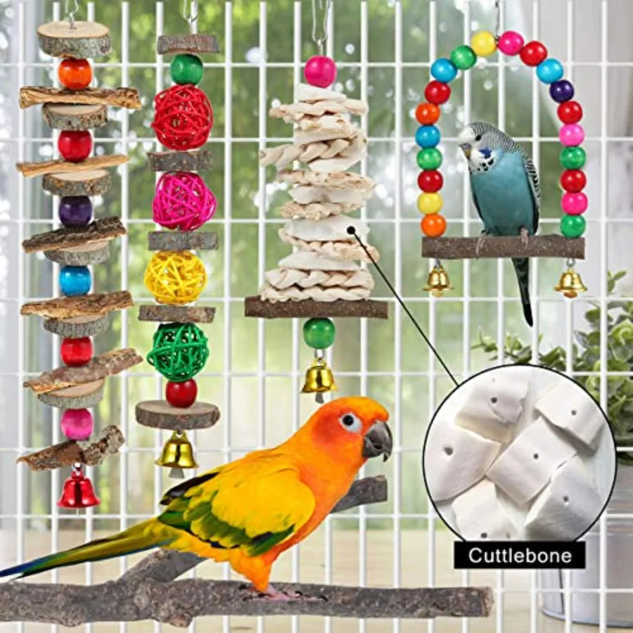 Bird Perch Bird Toys Parakeet Toys, Bird Cage Accessories Wooden Chew Toys Perch Stand for Parrot Conure Cockatiel Lovebird Par