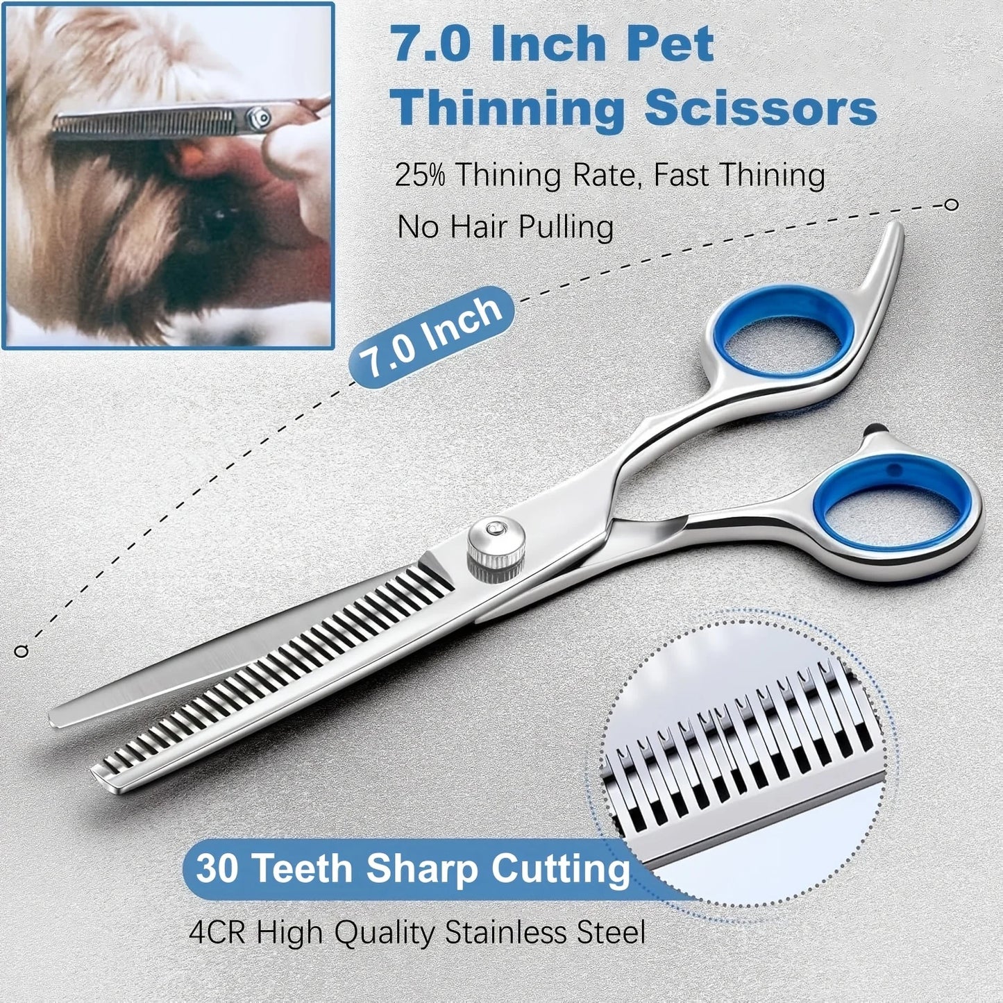 7-in-1 Professional Stainless Steel Dog Grooming Scissors With Safety Round Tip, Titanium Coated Heavy Duty Dog & Cat Grooming Scissors Set With Straight & Thinning & Curved Scissors & Comb, Pet Grooming Scissors Kit For Dogs