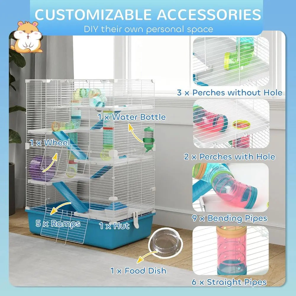 6 Tier Small Animal Cage with Tubes and Tunnels, 32 DIY Design Large Hamster Cage with Hut, Wheel, Food Dish, Water Bottle, Suit