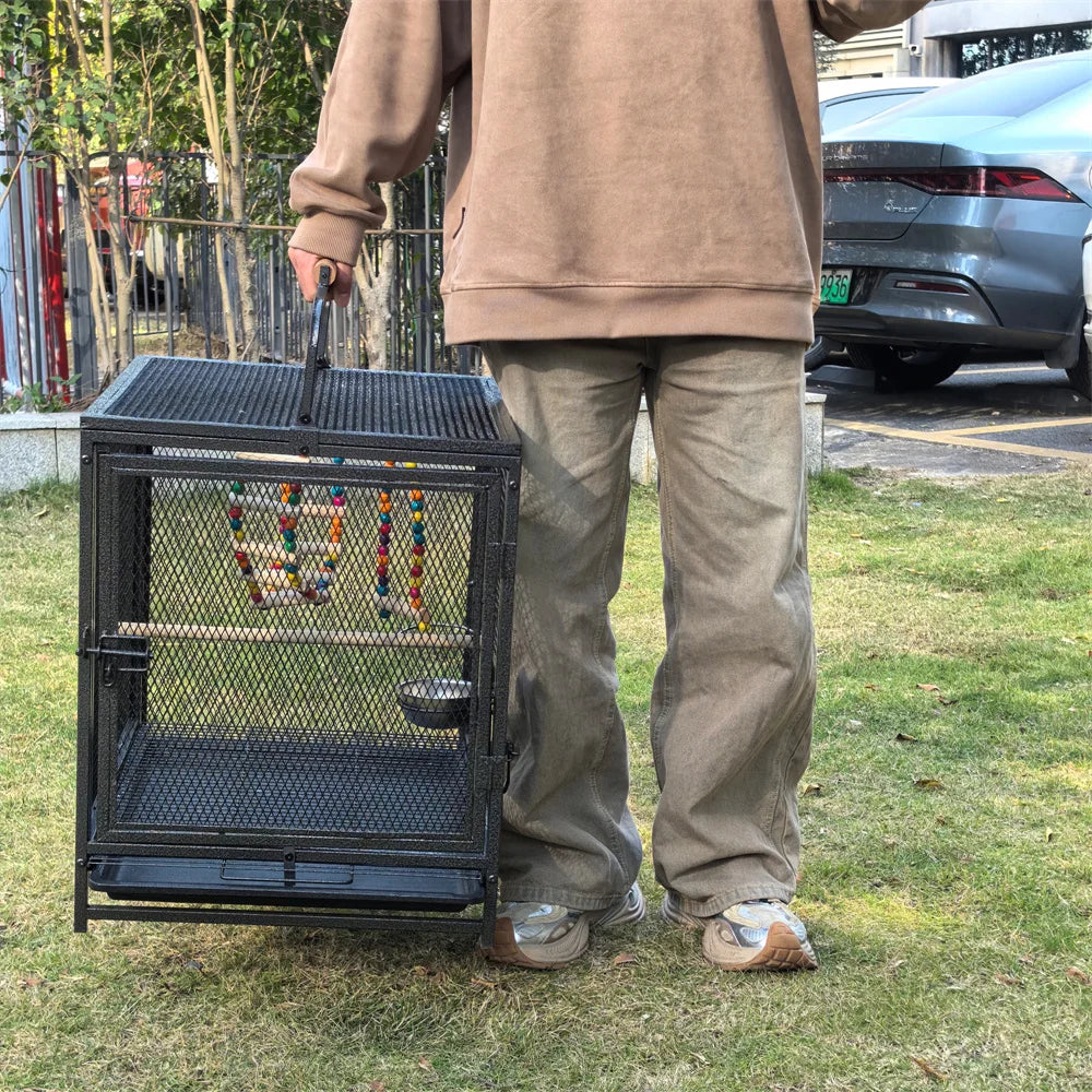 Heavy Duty Wrought Iron Travel Bird Cage With Wooden Perch