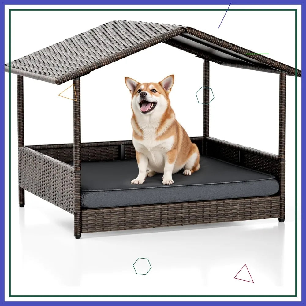 Elevated Wicker Dog House with Removable Cushion, Weatherproof Roof for Small Medium Dogs Indoor Outdoor Pet Bed