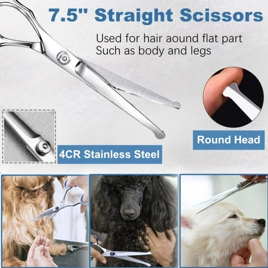 7-in-1 Professional Stainless Steel Dog Grooming Scissors With Safety Round Tip, Titanium Coated Heavy Duty Dog & Cat Grooming Scissors Set With Straight & Thinning & Curved Scissors & Comb, Pet Grooming Scissors Kit For Dogs