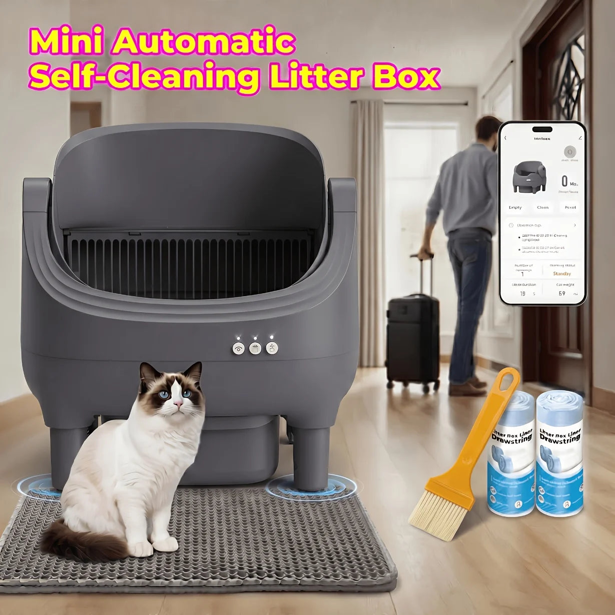 Self Cleaning Litter Box, Automatic Cat Litter Box-APP Control, Open-Design Electric Litter Box, Safety Anti-Pinch, Odor-Free Waste Disposal, Suitable for Multiple Cats, Includes 1 Litter Mat, 1 Litter Scoop, And 2 Roll Of Li