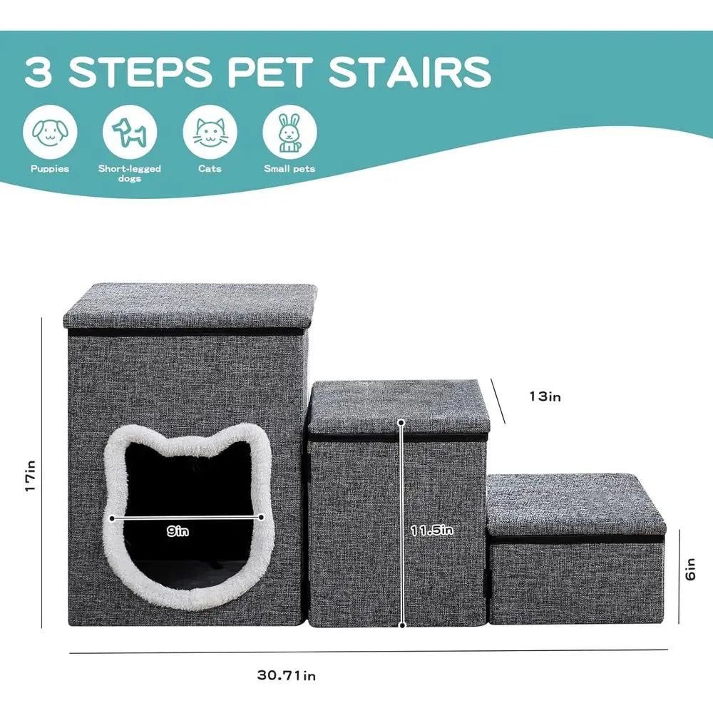 Dog Stairs or Small Dogs, 3-Step Non-Slip Pet Stairs, Small Dog Steps with Storage, Indoor Cat Steps, Older Cats, Arthritis-Frie