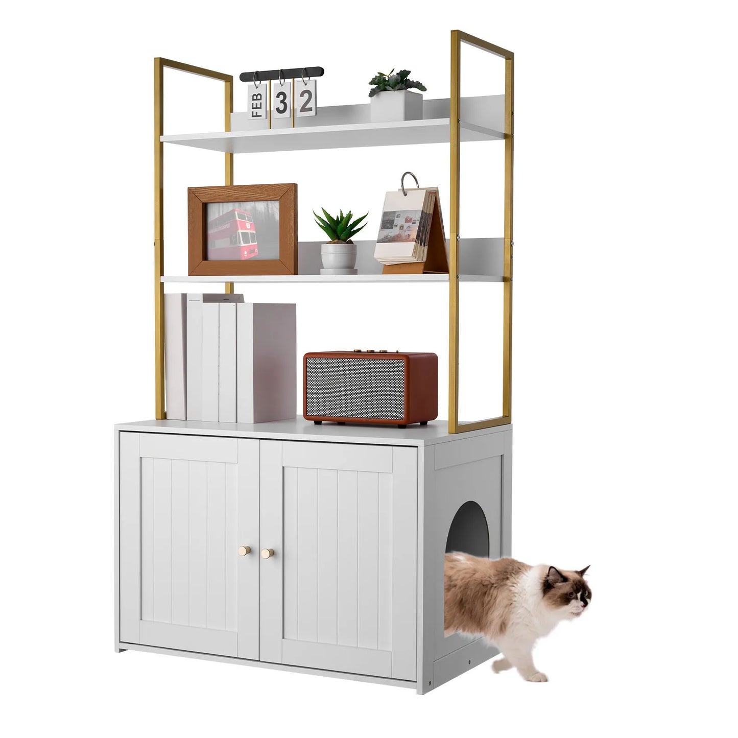 VEVOR Cat Litter Box Enclosure Furniture, 23.6 in / 27.6 in Hidden Litter Box Cabinet with Metal Legs & 2-Tier Storage Shelves, Cat Washroom Cat House, Fit Most of Litterbox, for Living Room White/light grey