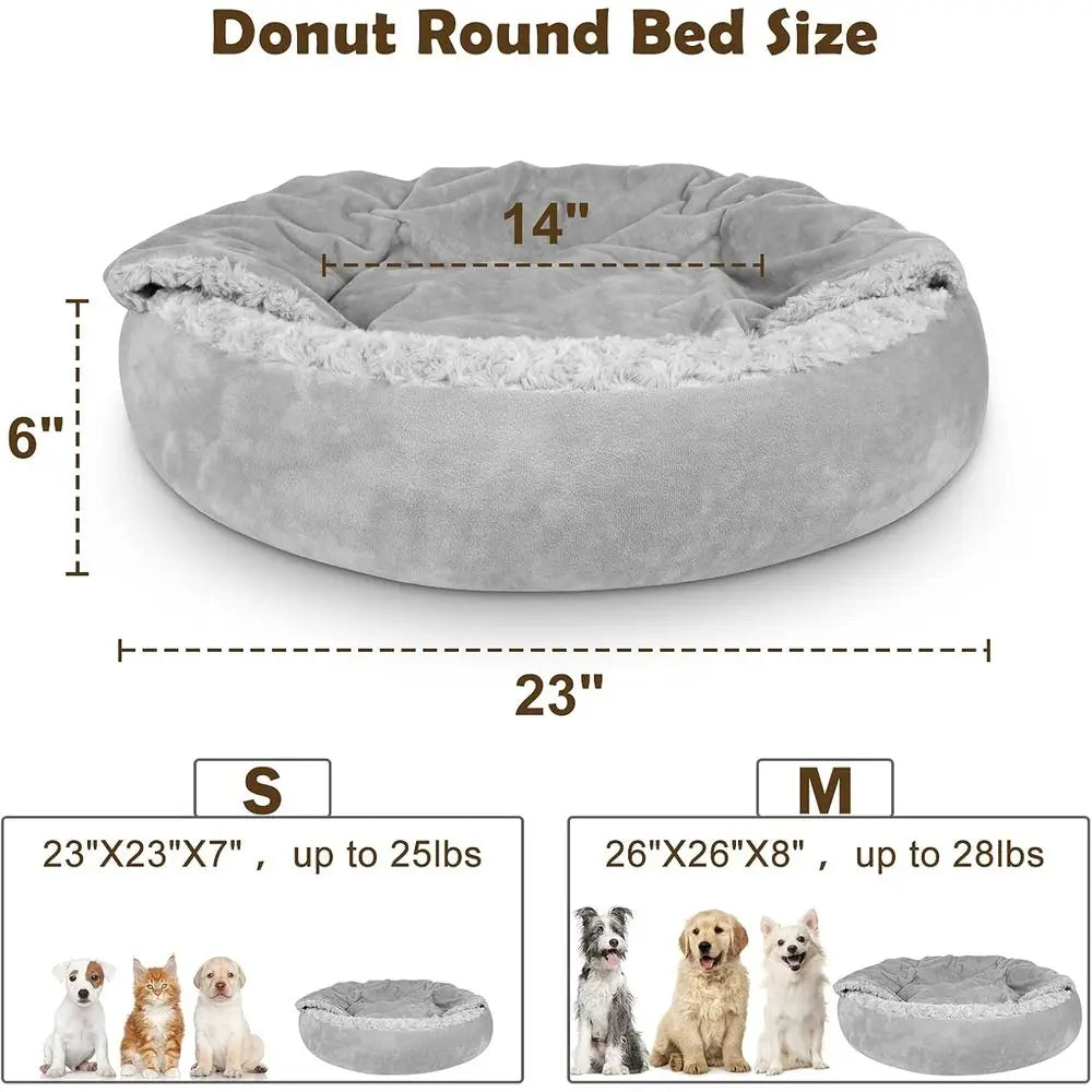Small Dog Bed Cat Bed with Hooded Blanket, Cozy Cuddler Luxury Puppy Pet Bed, Donut Round Calming Anti-Anxiety Dog Burrow Cave B