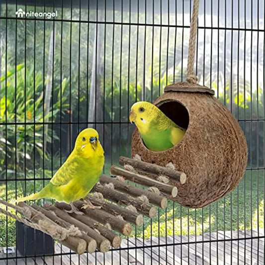 Natural Coconut Hideaway with Ladder, Bird and Small Animal Toy House with Ladder