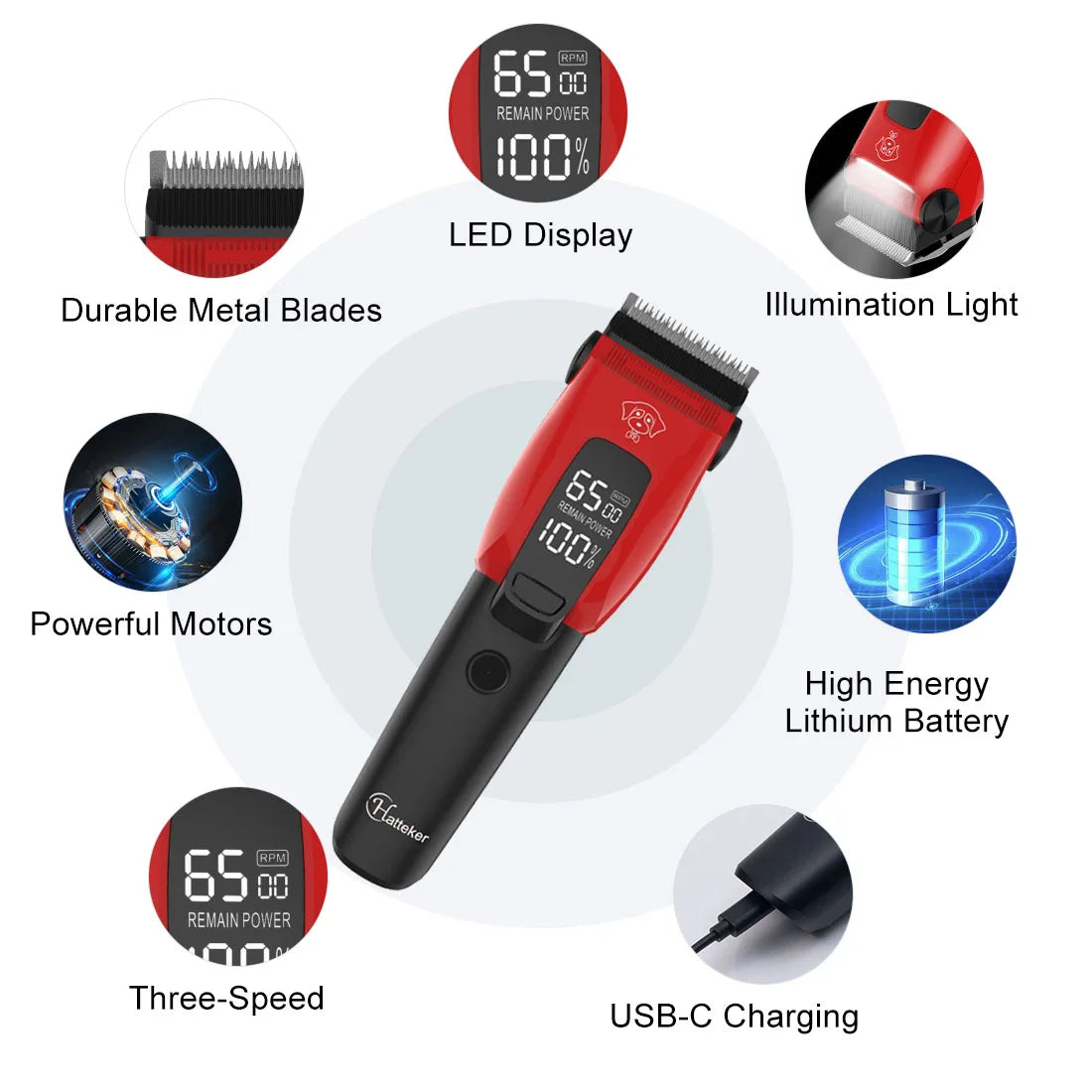 Hatteker Pet Clipper Professional Dog Hair Trimmer Cat Grooming Shaver Charged Electric Pet Cutting Machine for Small Big animal